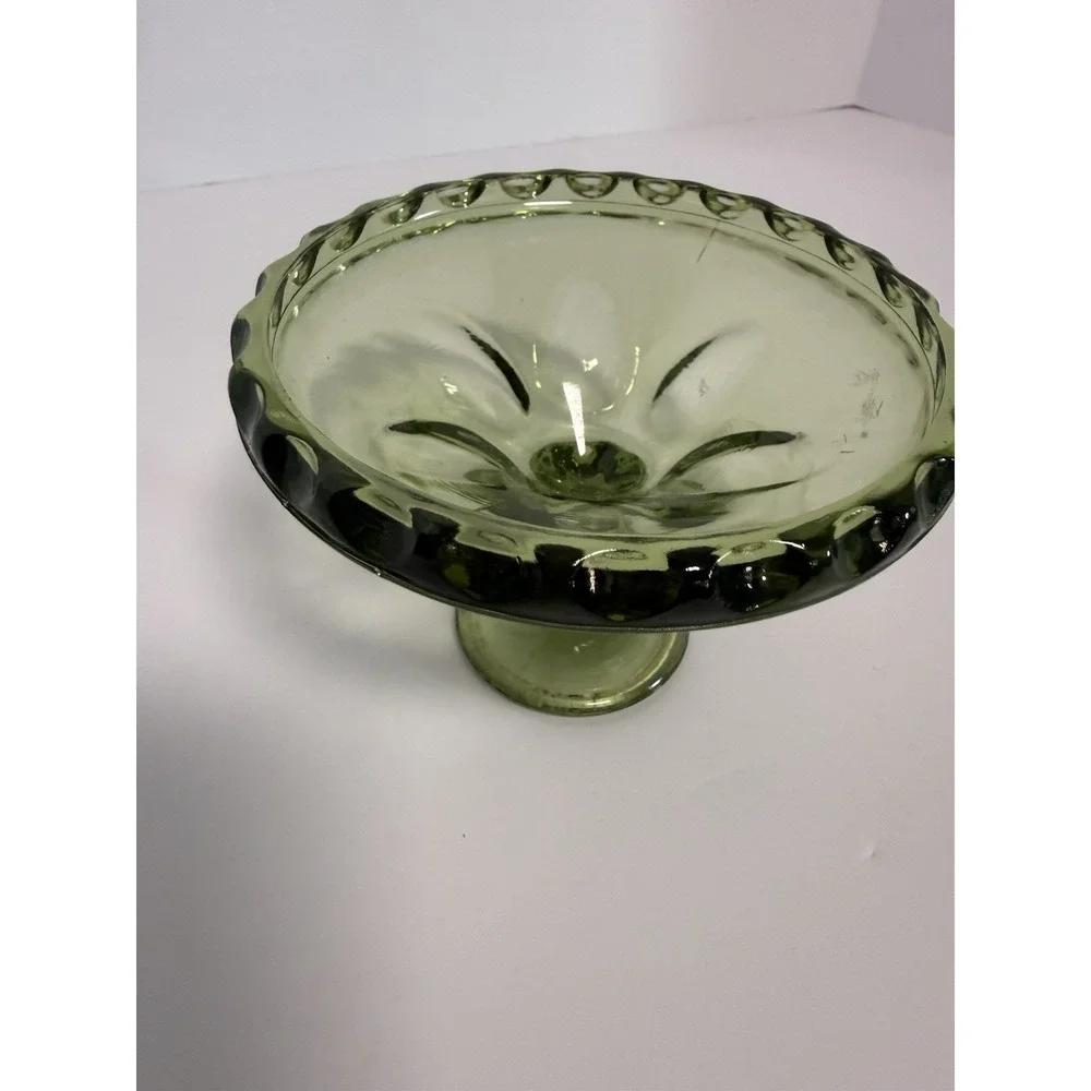 Vintage Hazel Atlas Green Glass Thumbprint Pedestal Candy Dish Bowl